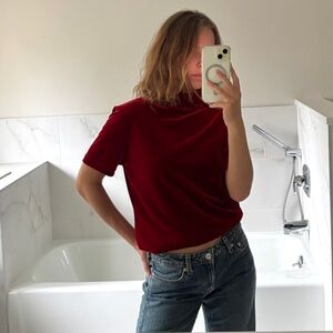 SOLD DO NOT BUY Velvet Dark Red Short Sleeve Mock Neck Top